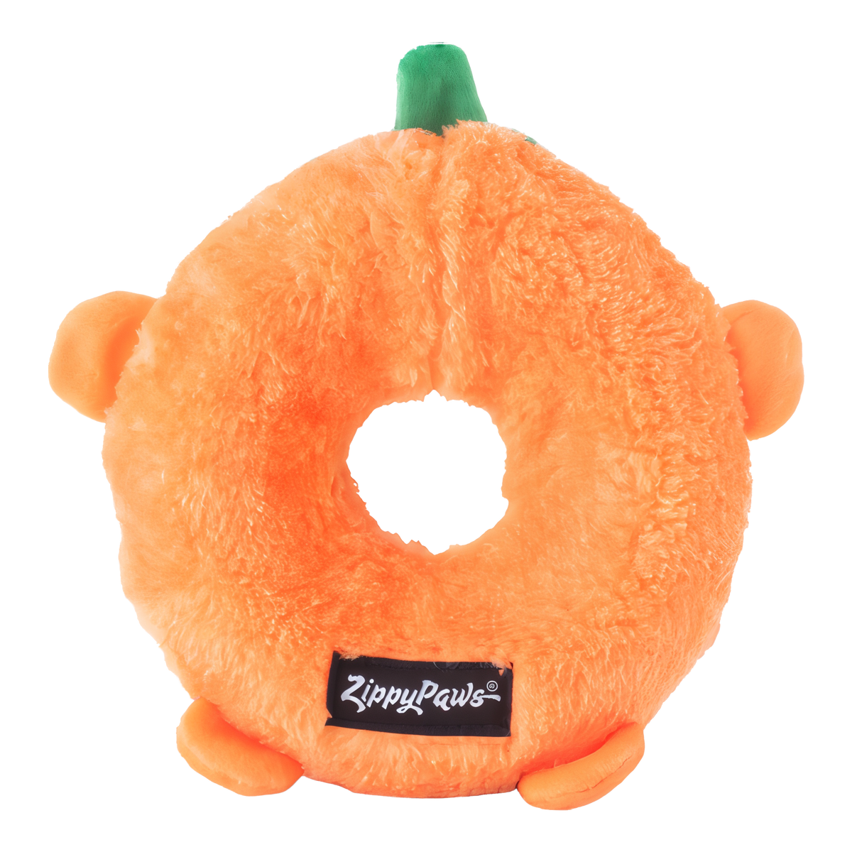 Back of the ZippyPaws Halloween Donutz Buddies Pumpkin showing the plain orange ring and ZippyPaws tag