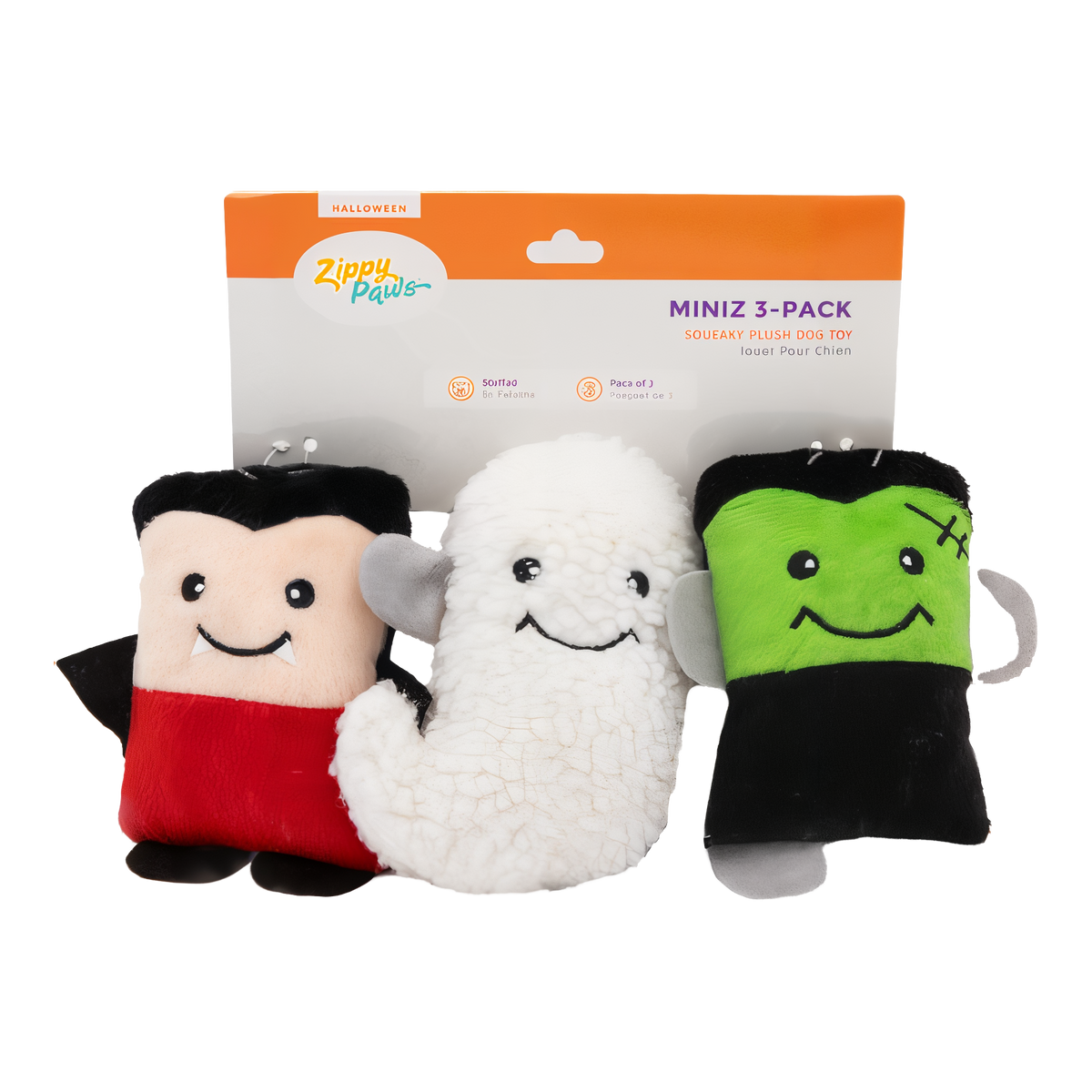 ZippyPaws Halloween Miniz Monsters 3-Pack with vampire, ghost and Frankenstein's monster plush toys on a retail card