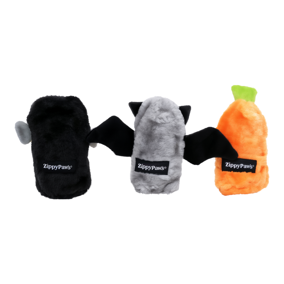 Back view of the three ZippyPaws Halloween Squeakie Buddies showing the ZippyPaws label on each toy