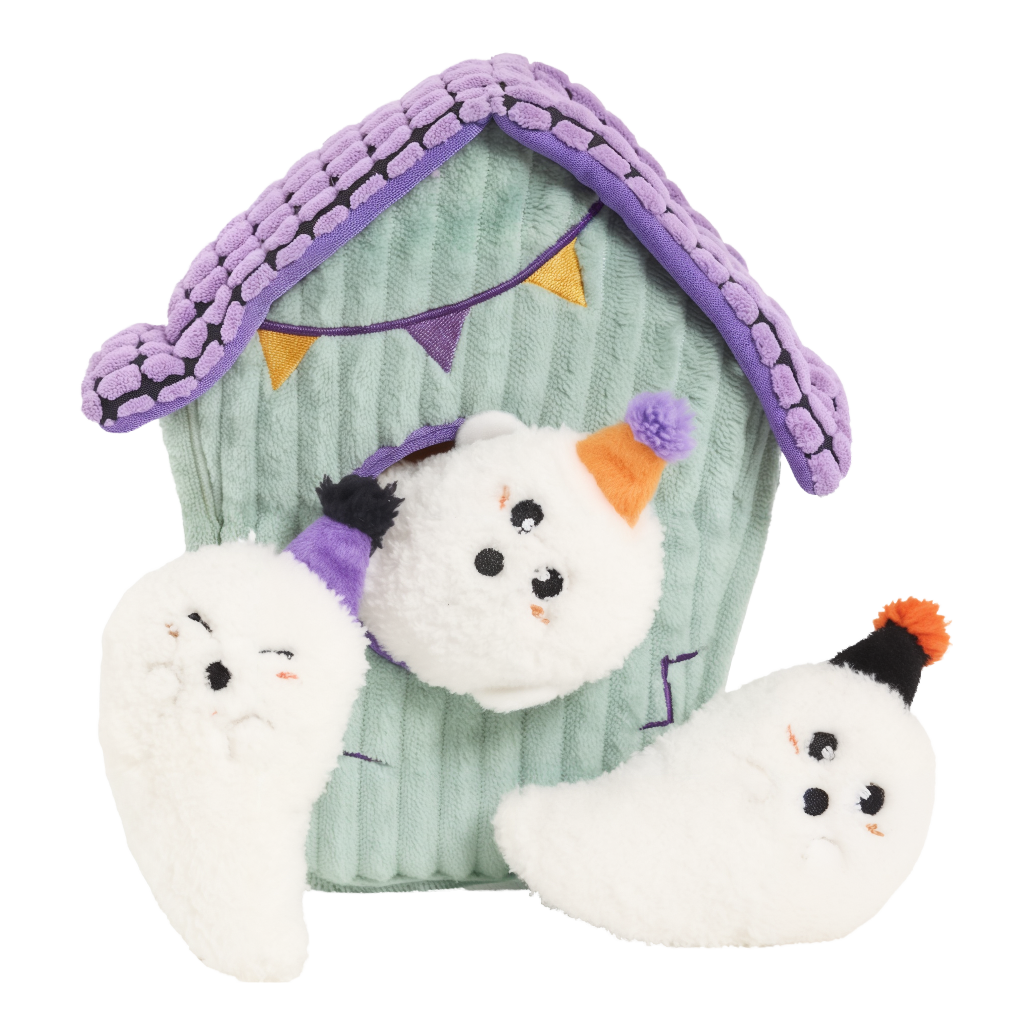 ZippyPaws Halloween Zippy Burrow Haunted House Party plush haunted house dog toy with three squeaky ghost Miniz