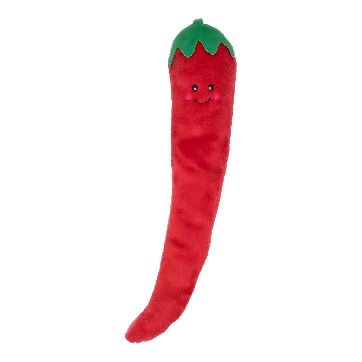 ZippyPaws Jigglerz Pepper red chili pepper plush dog toy with green stem and smiling embroidered face, front view