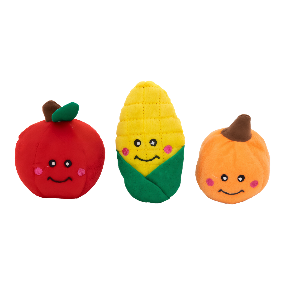 ZippyPaws Miniz Fall Harvest 3-Pack plush dog toys with smiling red apple, yellow corn and orange pumpkin lined up