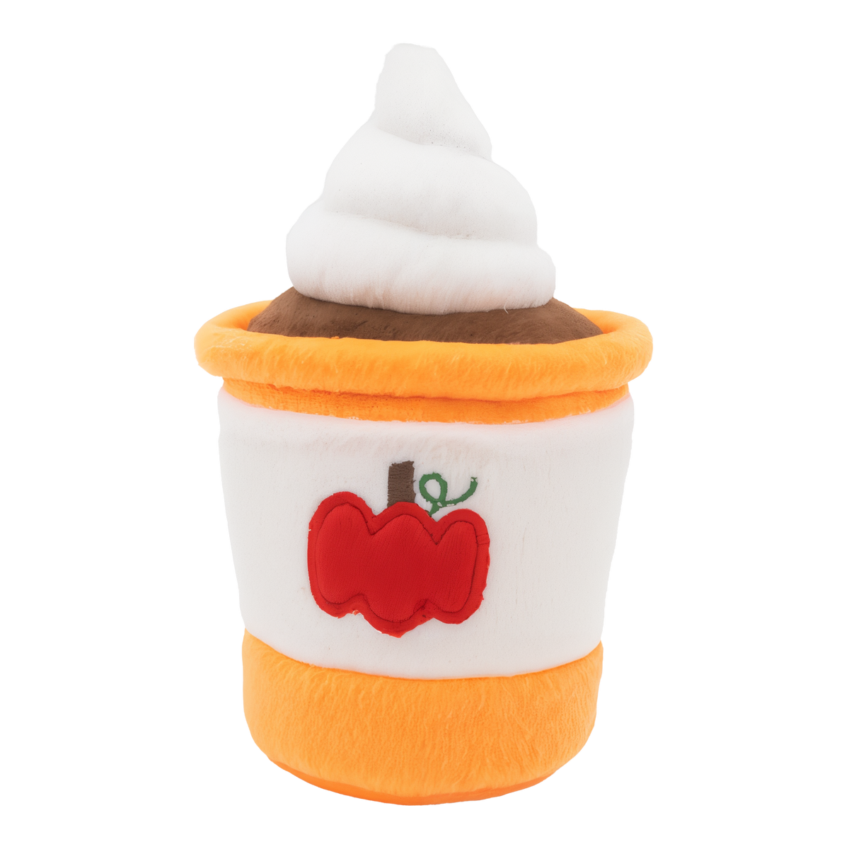 ZippyPaws NomNomz Pumpkin Spice Latte plush dog toy shaped like a to-go cup with orange lid, embroidered red pumpkin and whipped cream swirl on top