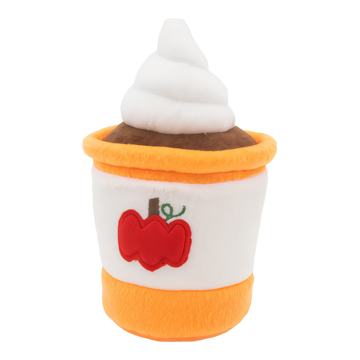 ZippyPaws NomNomz Pumpkin Spice Latte squeaky plush dog toy angled view showing the white cup sleeve and whipped cream topper