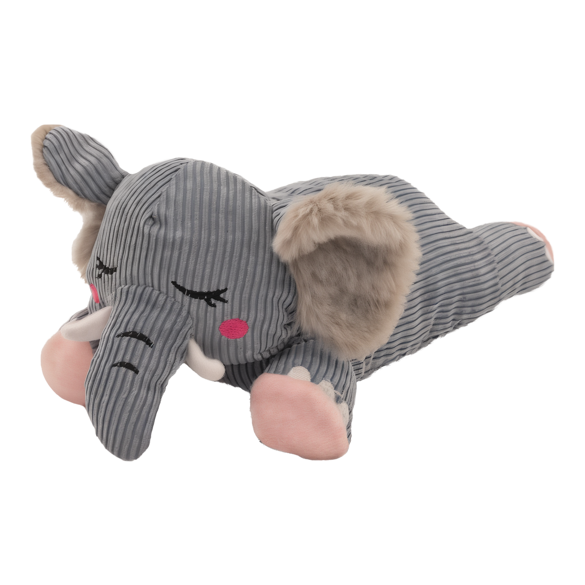 ZippyPaws Snooziez with Shhhqueaker Elephant silent squeaker plush dog toy, grey corduroy sleeping elephant with fluffy ears and pink paws