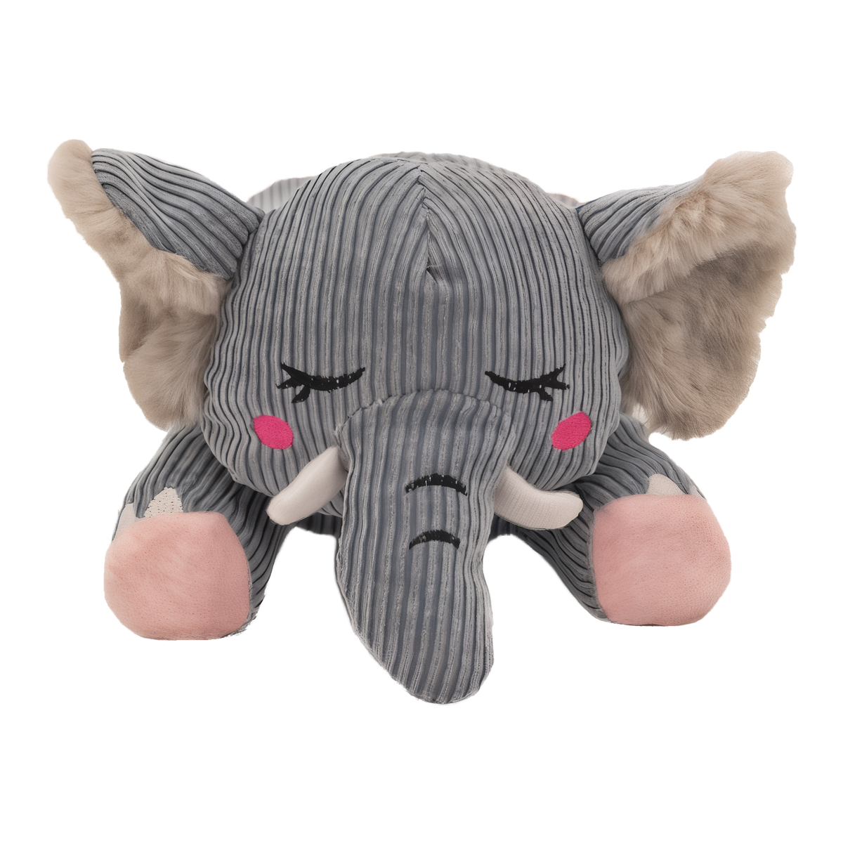 Front view of ZippyPaws Snooziez Elephant plush dog toy showing closed embroidered eyes, pink cheeks, and white tusks