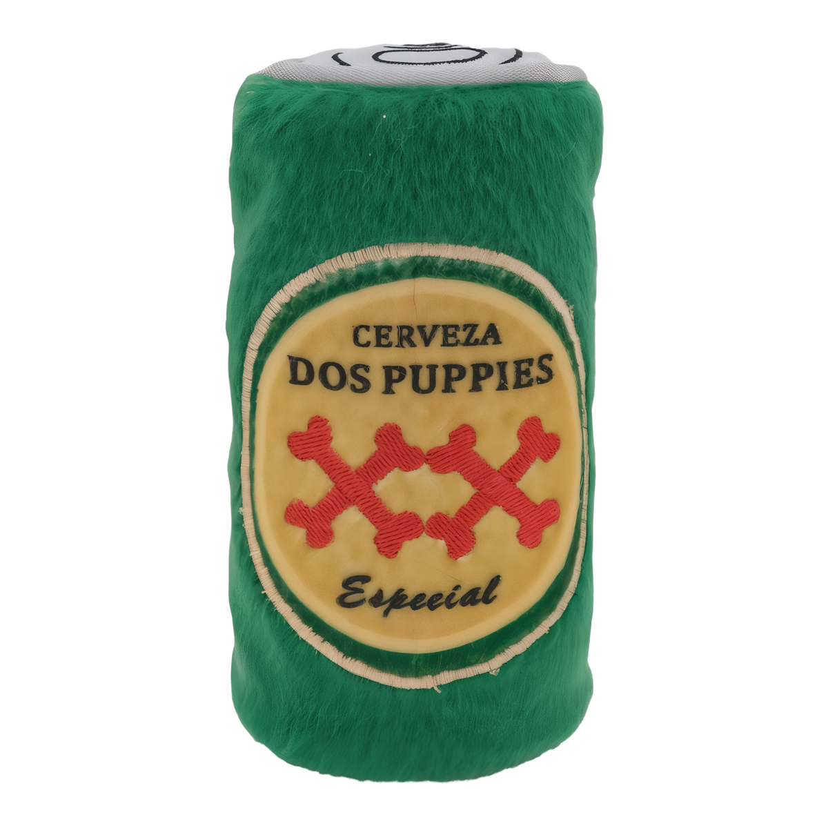 ZippyPaws Squeakie Can Dos Puppies no-stuffing plush dog toy, green can with embroidered Cerveza Dos Puppies Especial label and crossed red bones