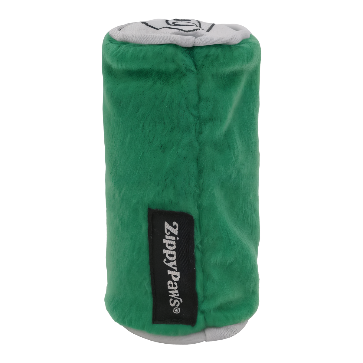 Back view of ZippyPaws Squeakie Can Dos Puppies plush dog toy showing green plush body, grey can top, and ZippyPaws tag
