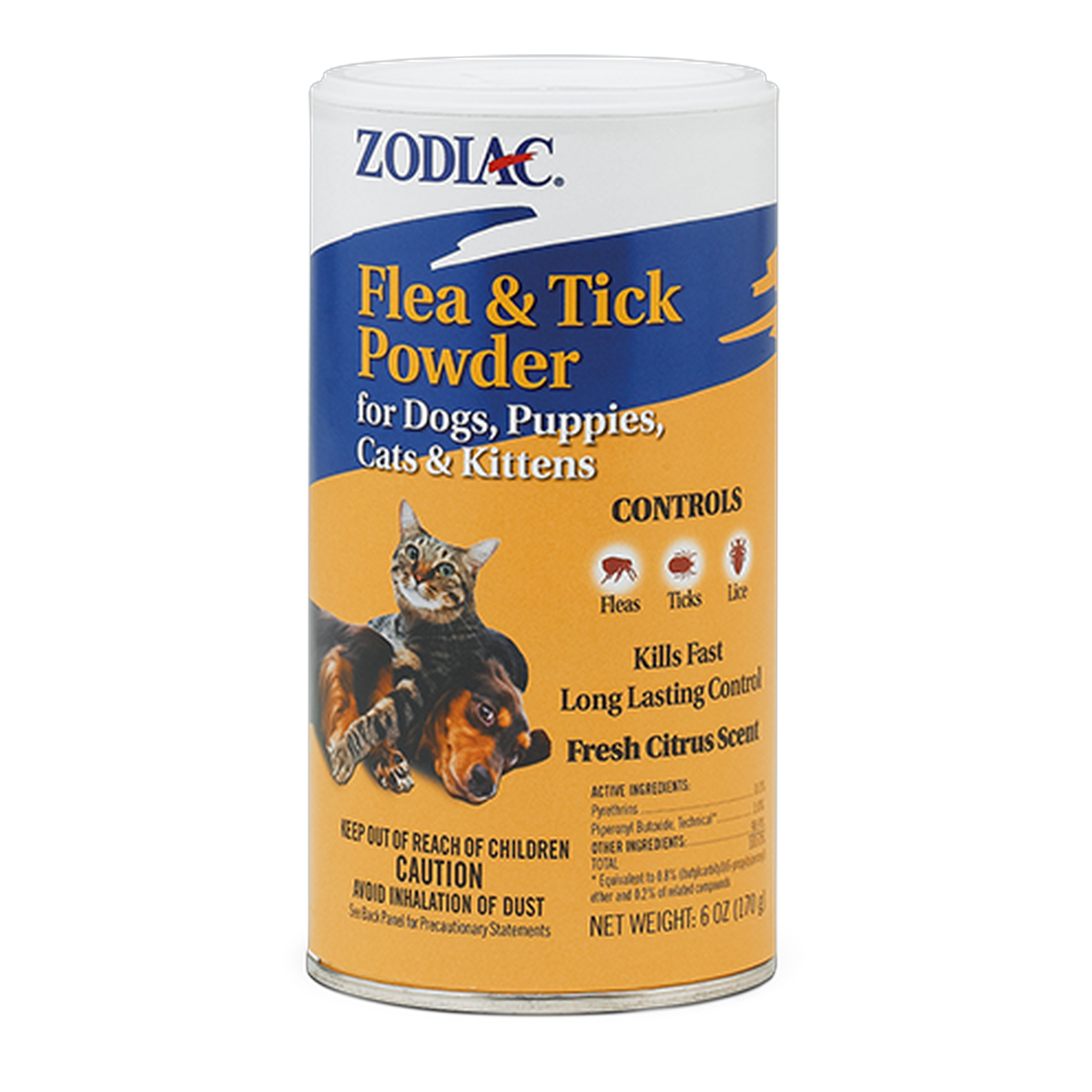 Zodiac Flea and Tick Powder for dogs, puppies, cats and kittens 6 oz shaker canister, front label