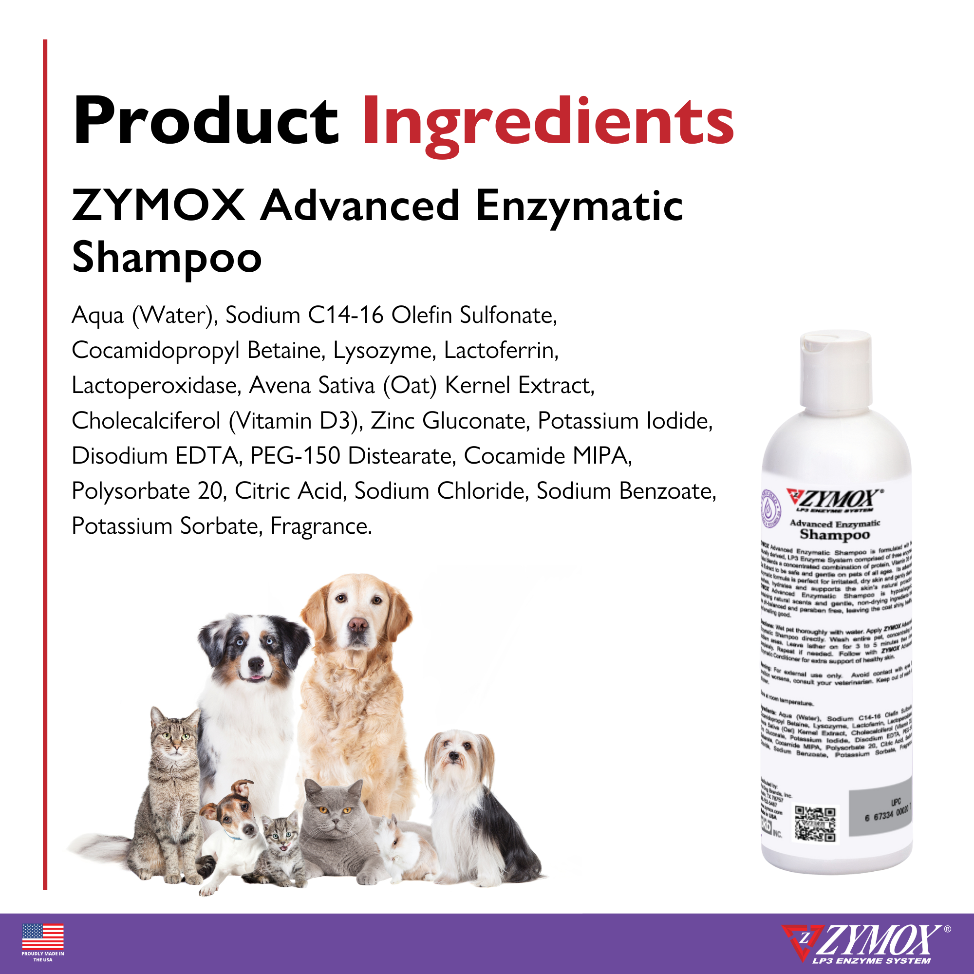 Zymox Advanced Enzymatic Shampoo ingredients including LP3 enzymes and oat extract
