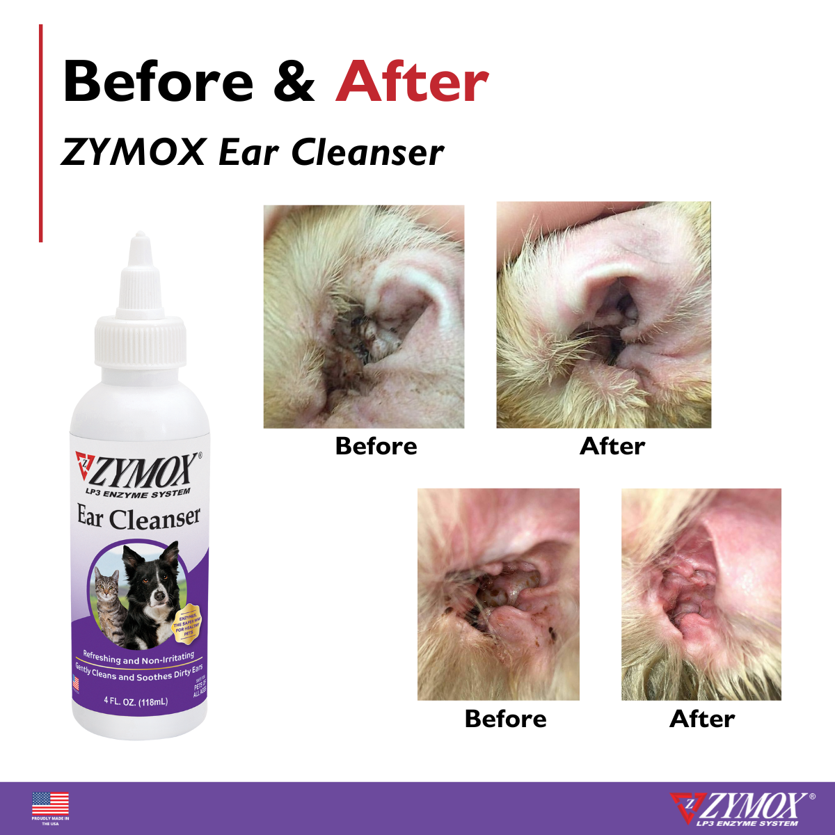Zymox Ear Cleanser before and after results on dirty pet ears