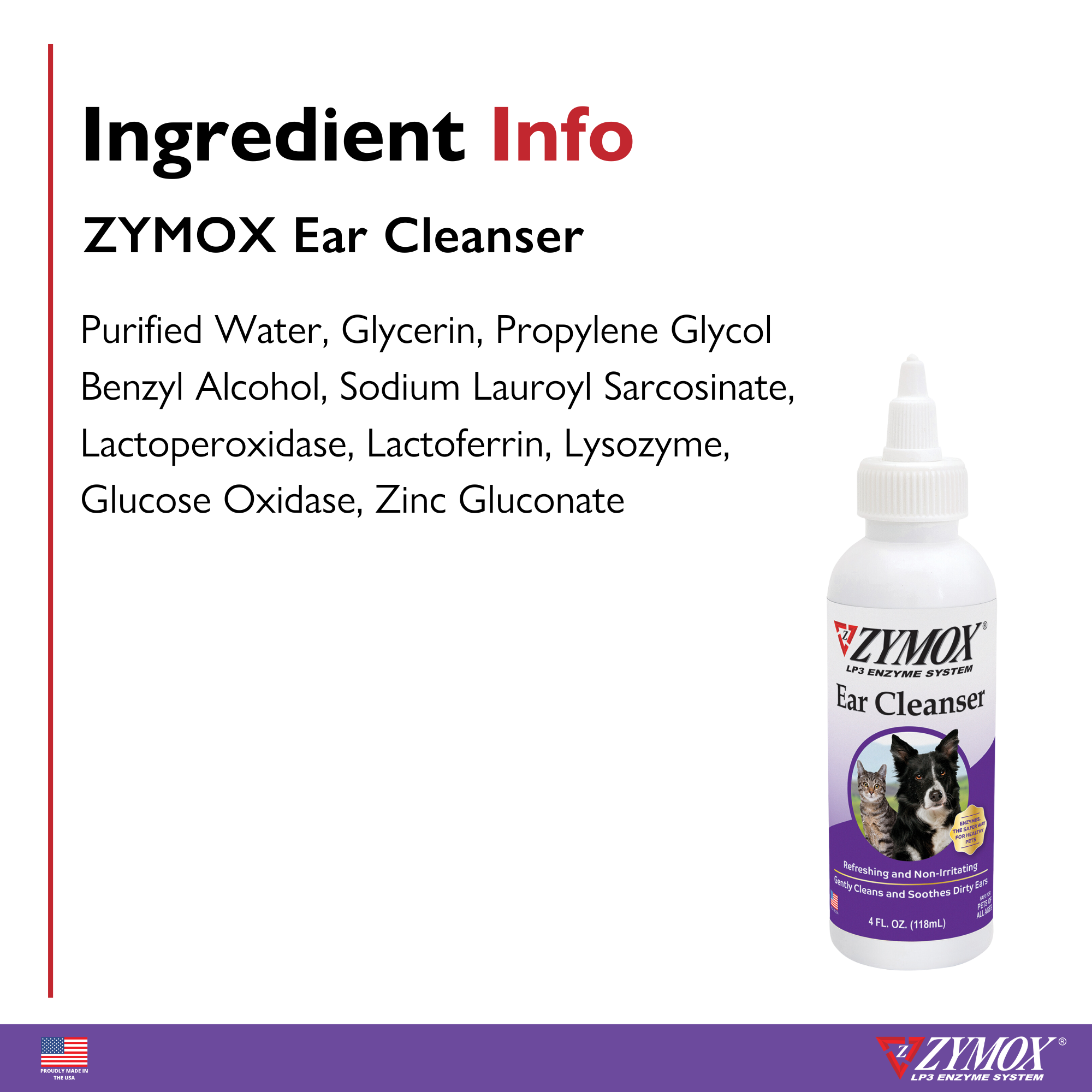 Zymox Ear Cleanser ingredients including LP3 enzymes and coco-glucoside