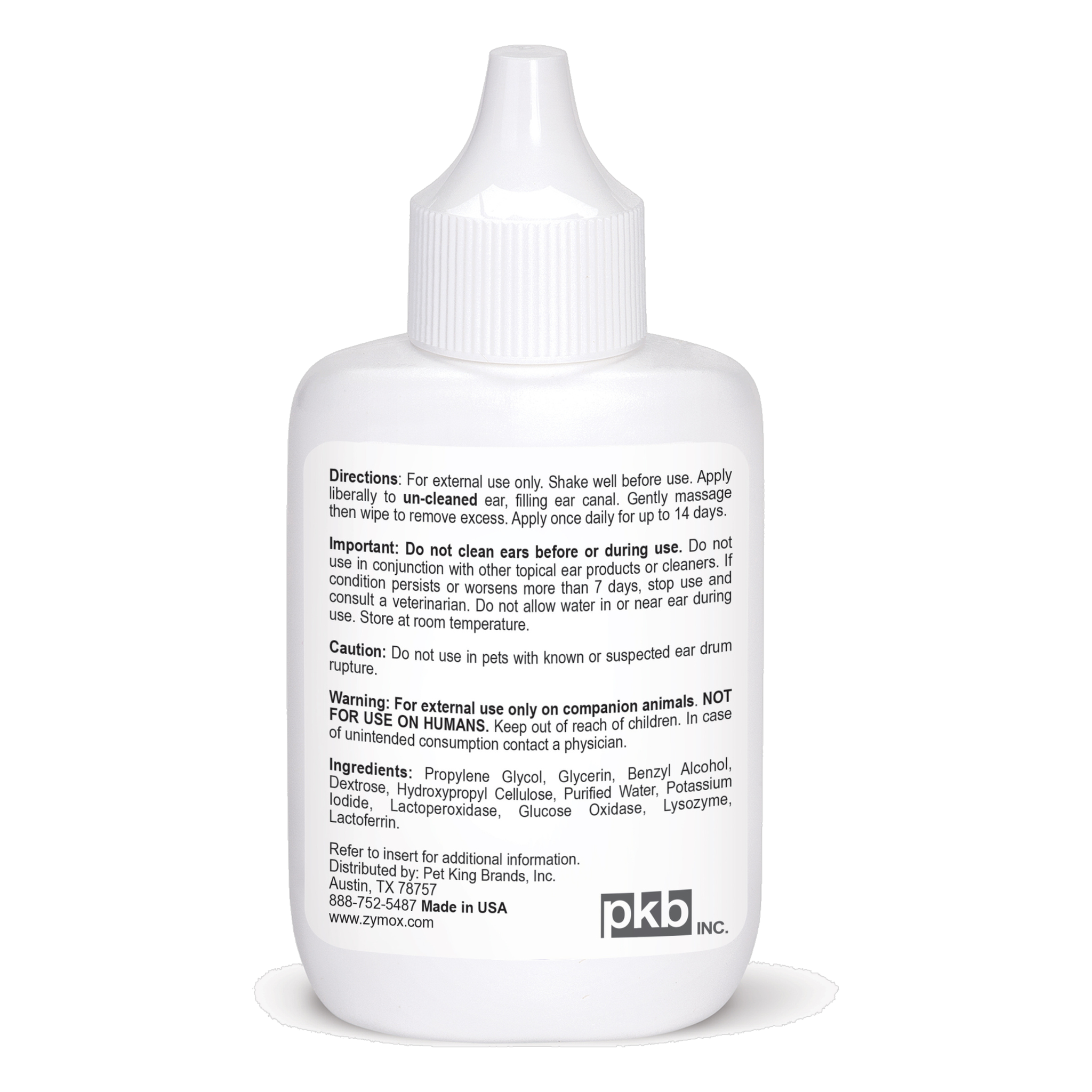 Zymox Enzymatic Ear Solution Hydrocortisone Free back label with directions and ingredients