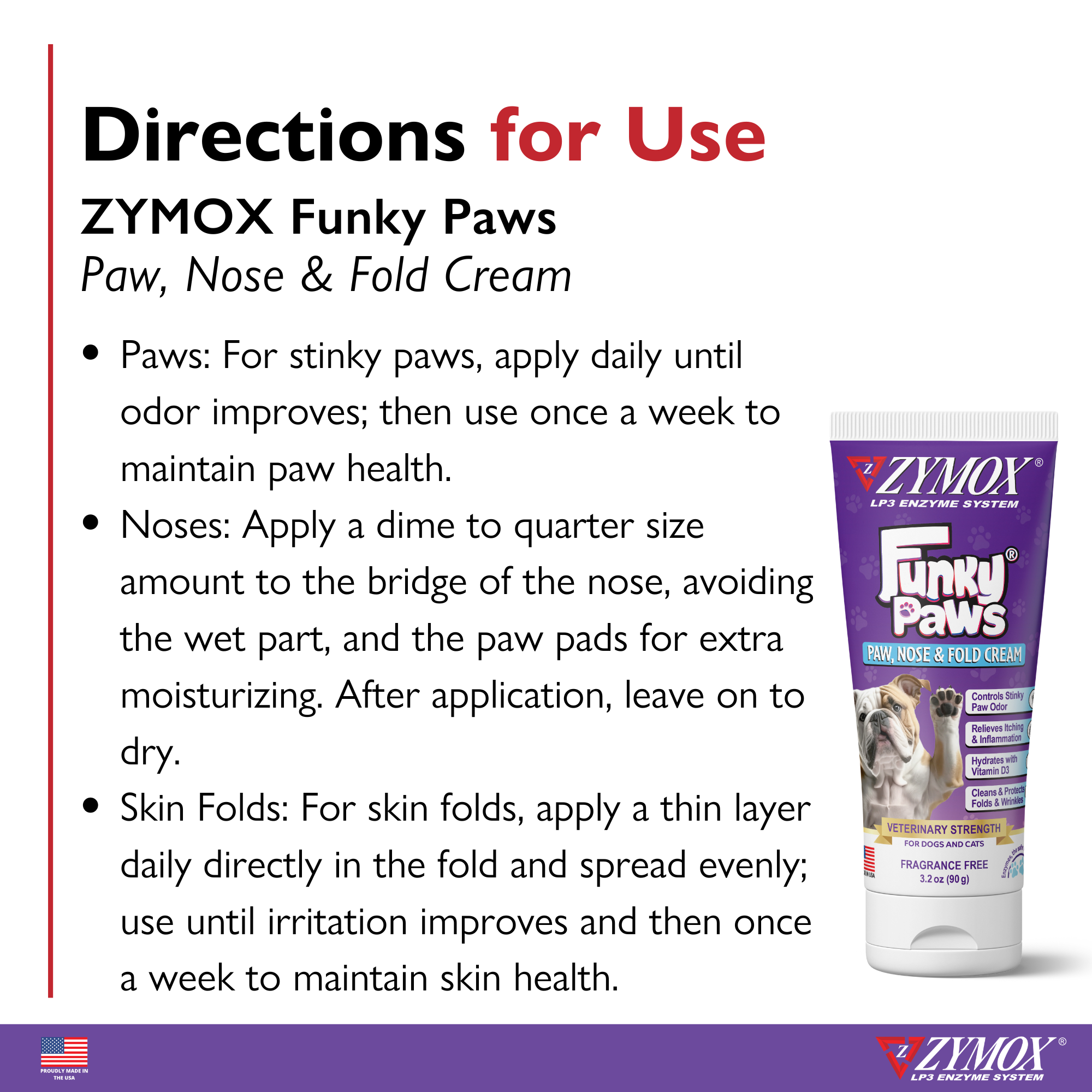 Zymox Funky Paws directions for use on paws, noses, and skin folds