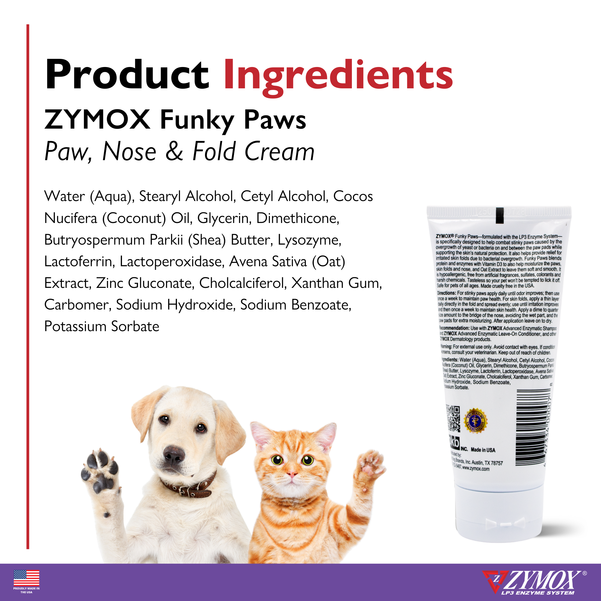 Zymox Funky Paws product ingredients including LP3 enzymes, coconut oil, shea butter, oat extract, and Vitamin D3