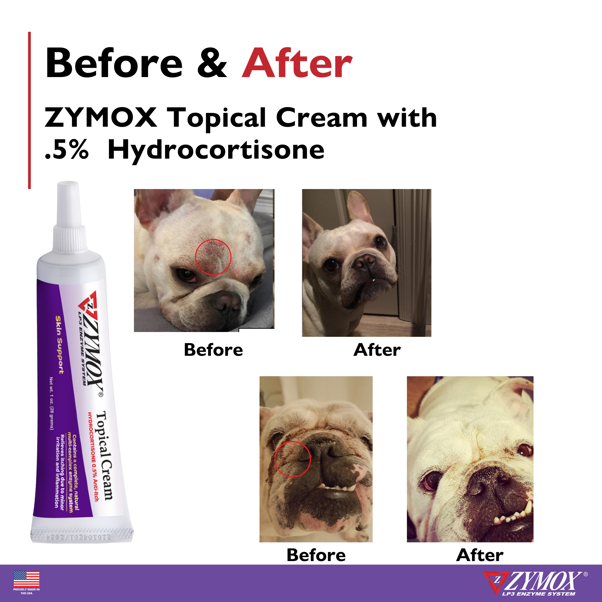 Zymox Topical Cream before and after results on irritated pet skin