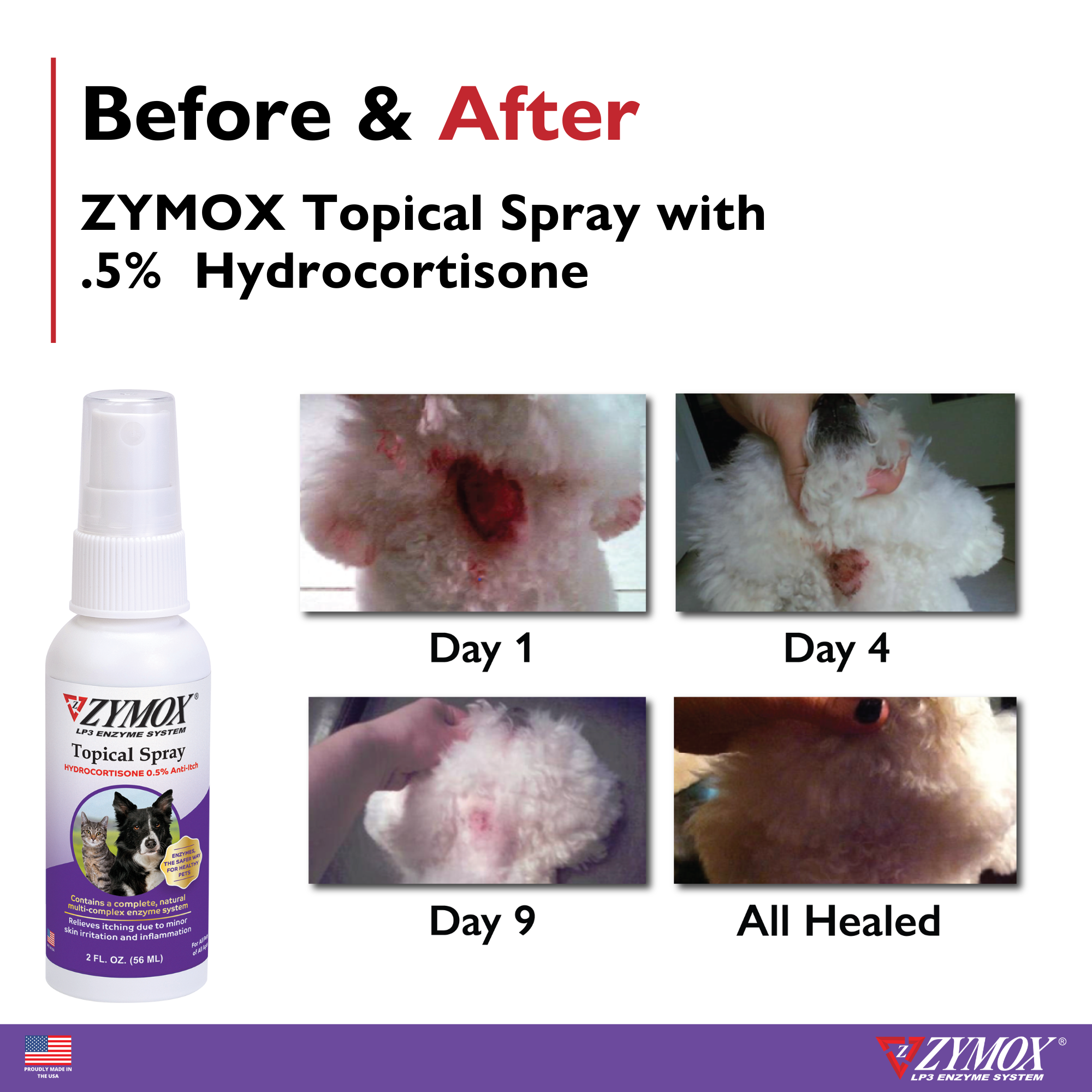 Zymox Topical Spray before and after results on irritated pet skin