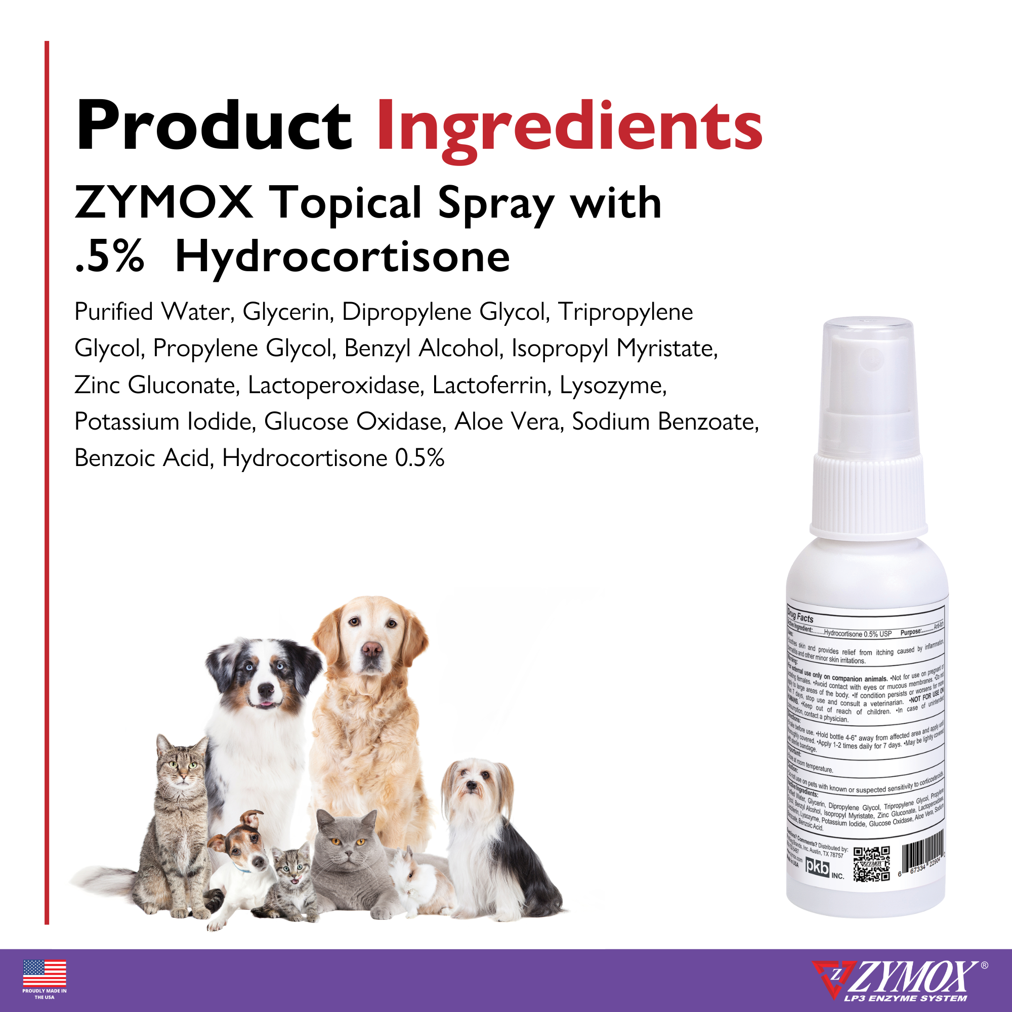 Zymox Topical Spray ingredients including LP3 enzymes, aloe vera, and zinc gluconate
